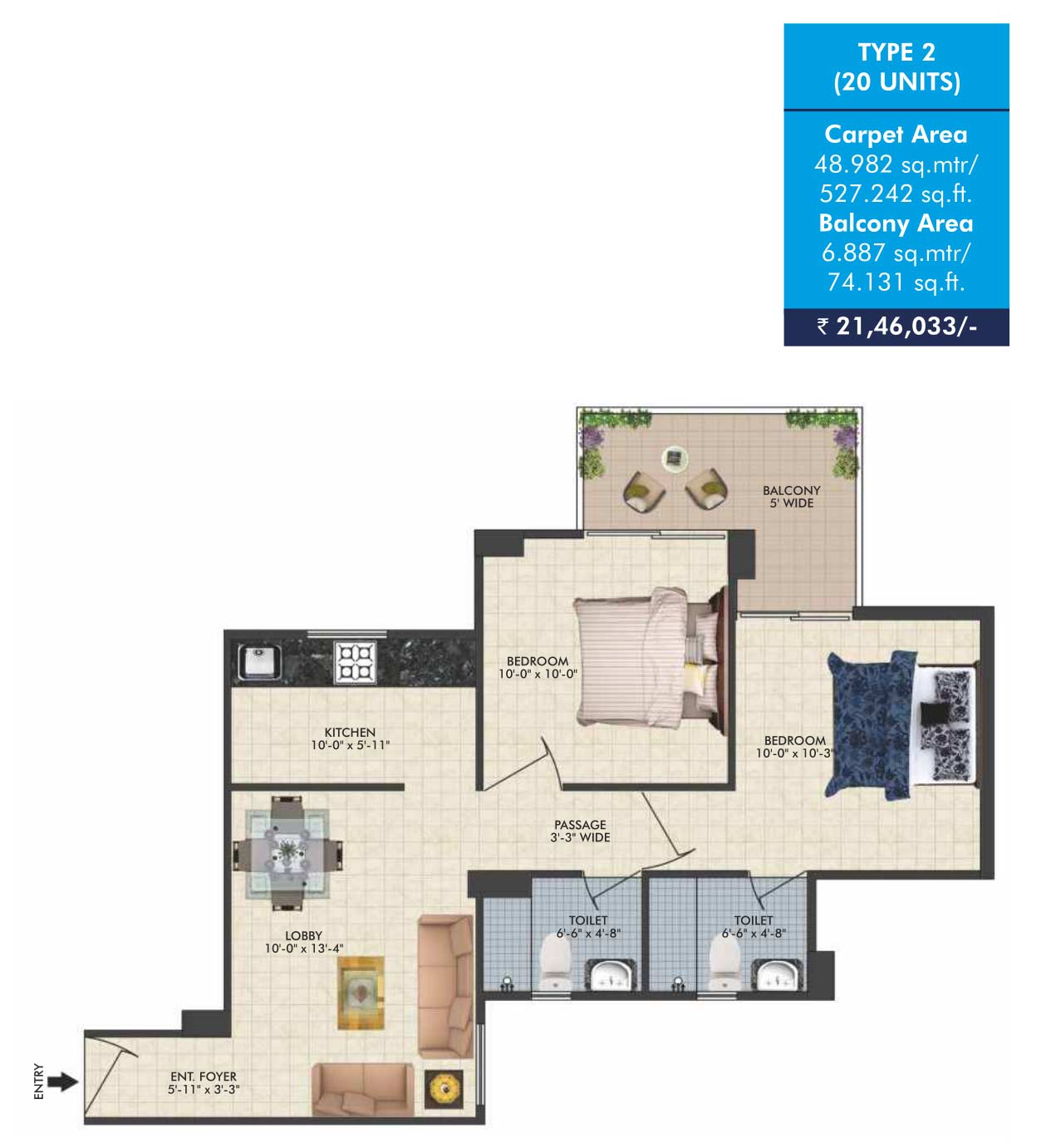 Conscient Habitat 2 BHK + Utility Floor Plan