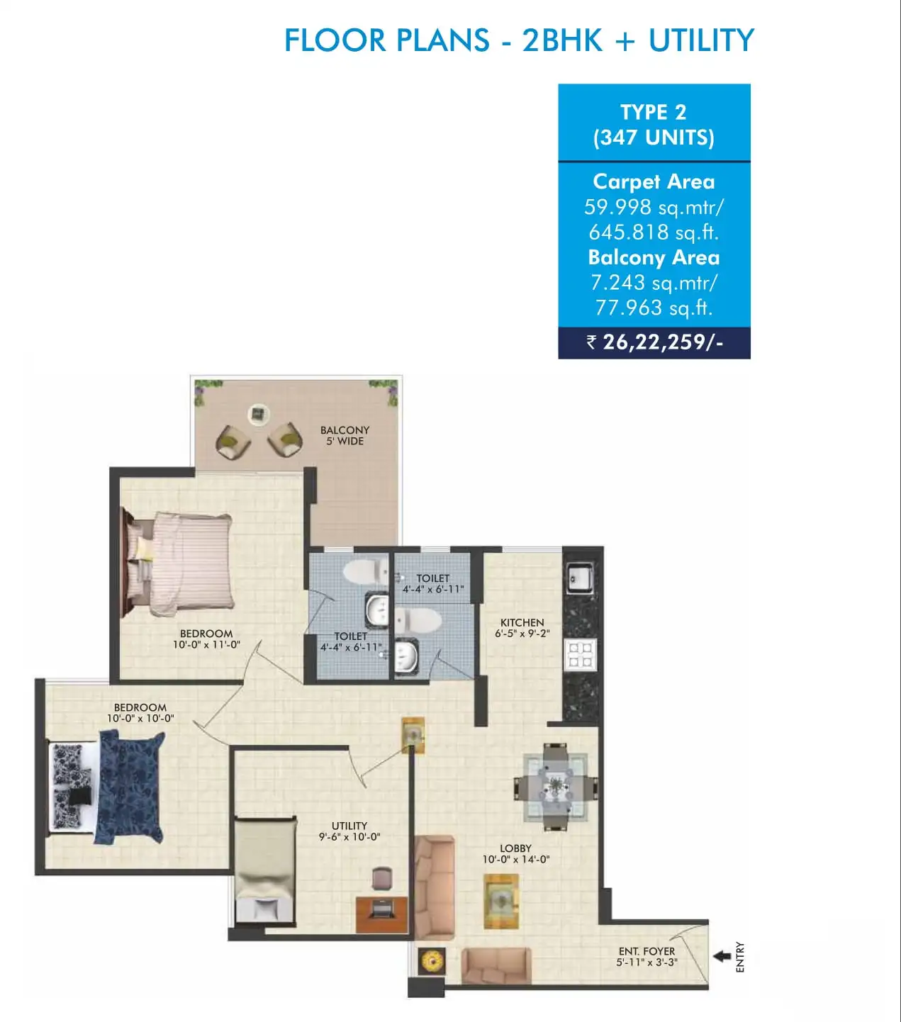 Conscient Habitat 2 BHK + Utility Floor Plan